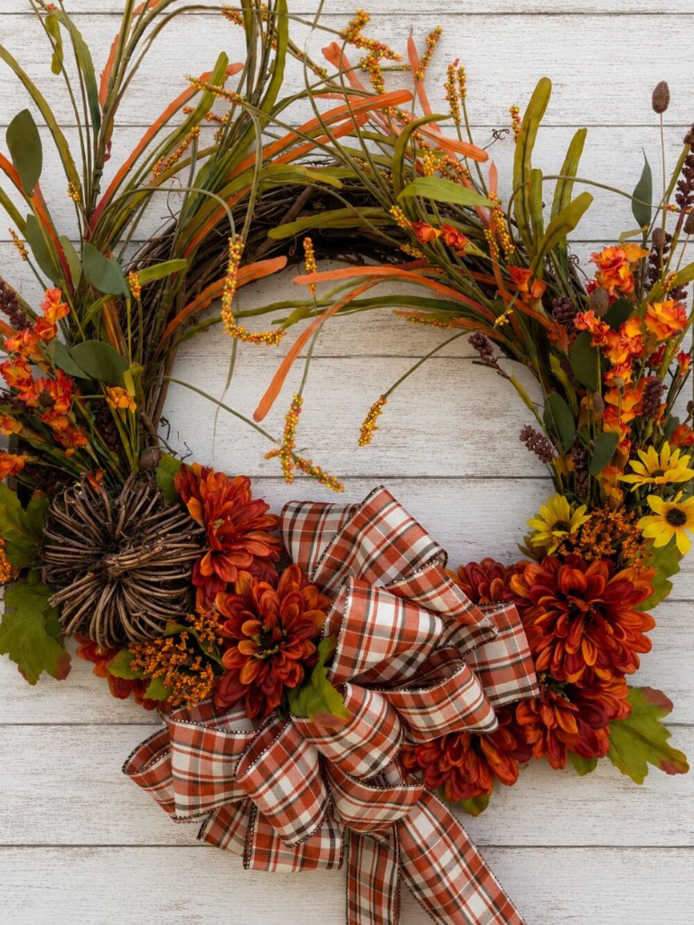 Fall Floral Wreath Handmade Autumn Front Door Decor Pumpkin Plaid